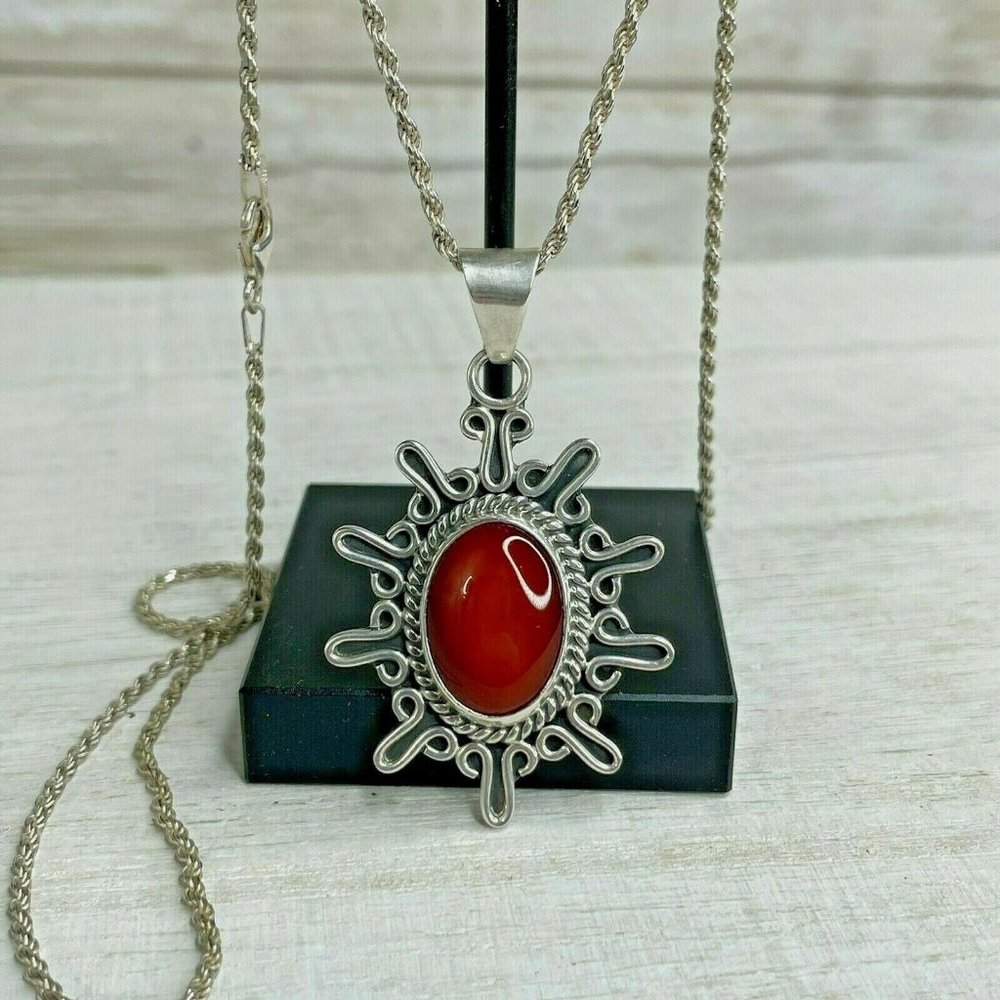 925 Sterling Silver CII Mexico Red Carnelian Agate Starburst Necklace 23”